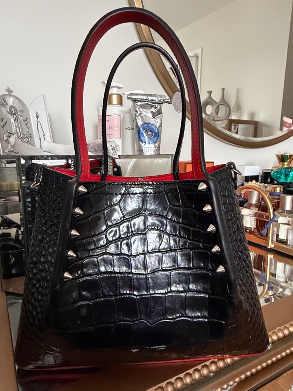 Christian Louboutin Black Croc-Embossed Tote with Red Trim mini cabata